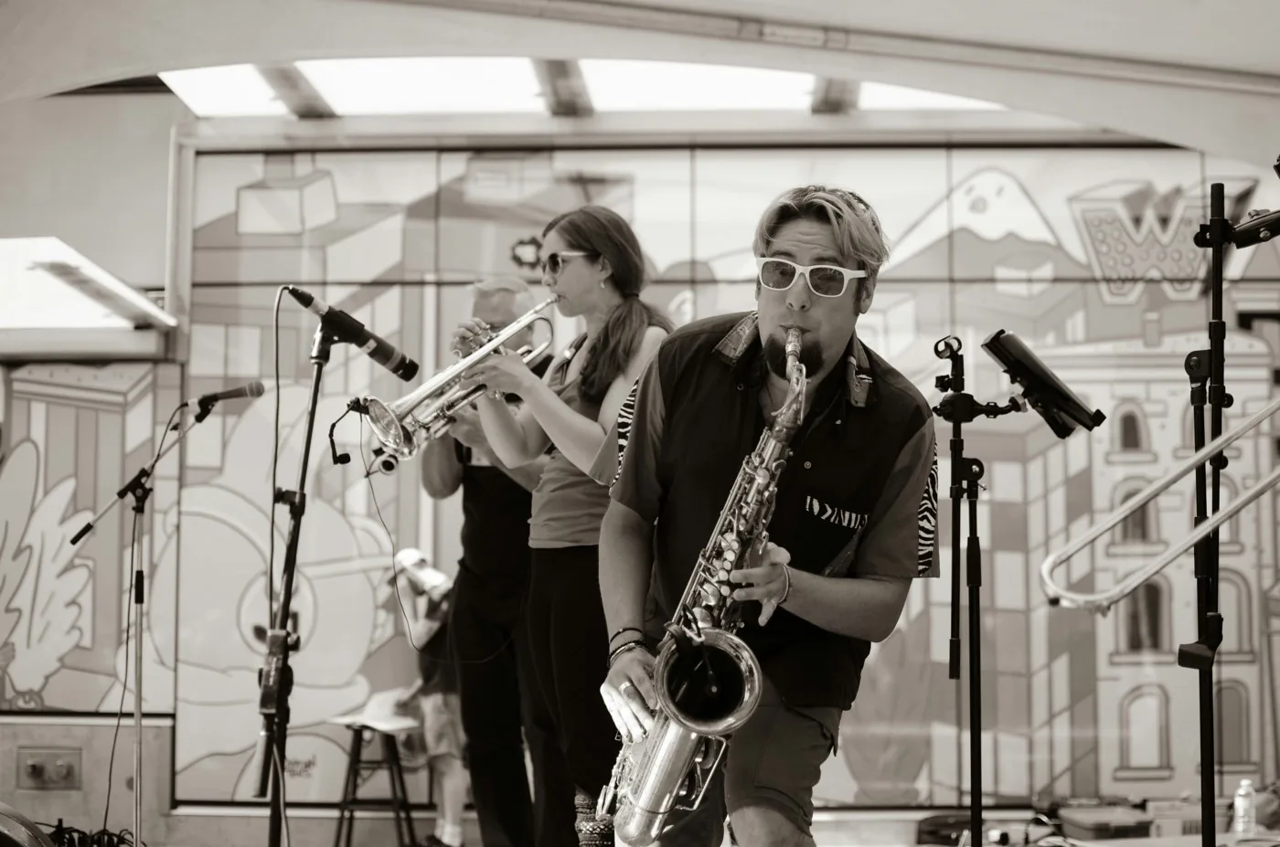 Sección de viento y otros perfiles musicales Saxofonista y trompetistas durante una actuación en directo.